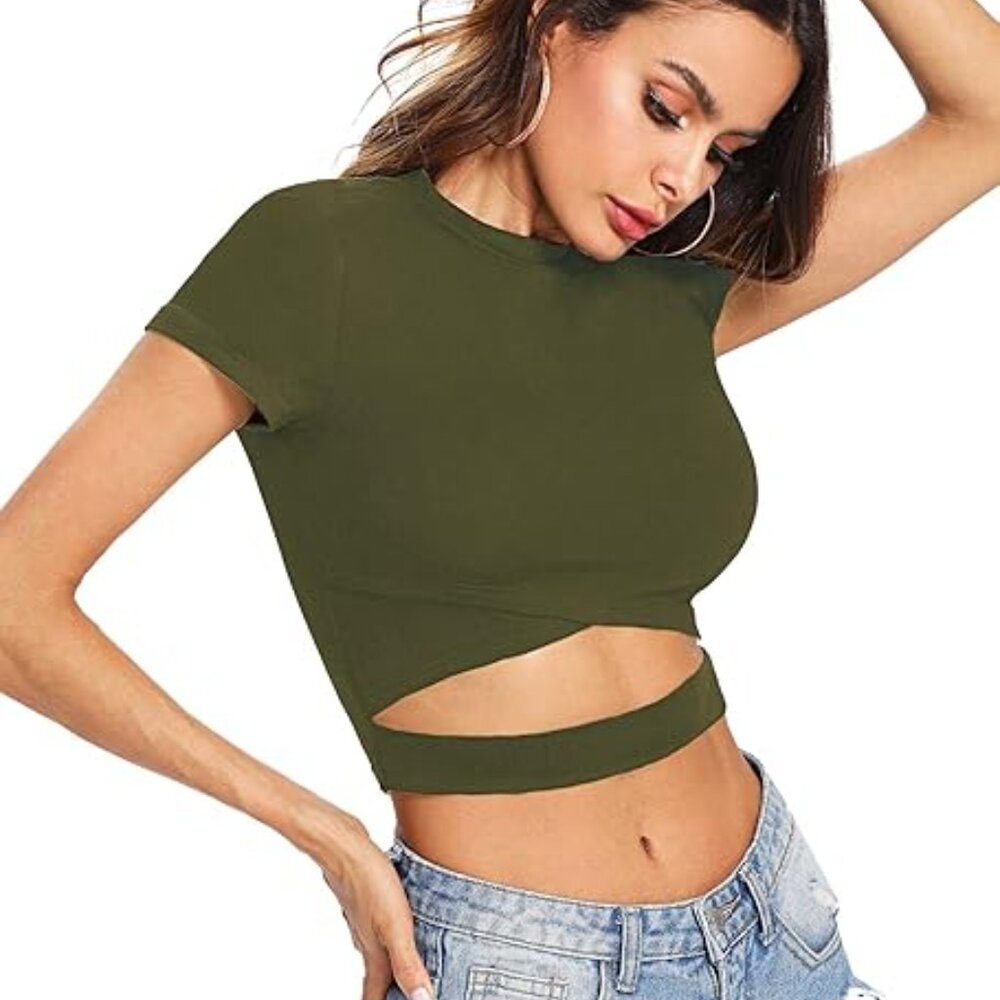 Green crop top tee shirt cut out waist - size medium